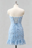 Light Blue Strapless Bodycon Beaded Short Homecoming Dress with 3D Flowers