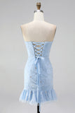 Light Blue Strapless Bodycon Beaded Short Homecoming Dress with 3D Flowers