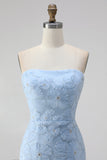 Light Blue Strapless Bodycon Beaded Short Homecoming Dress with 3D Flowers