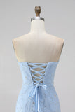 Light Blue Strapless Bodycon Beaded Short Homecoming Dress with 3D Flowers