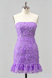 Light Blue Strapless Bodycon Beaded Short Homecoming Dress with 3D Flowers