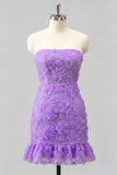 Light Blue Strapless Bodycon Beaded Short Homecoming Dress with 3D Flowers