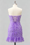 Light Blue Strapless Bodycon Beaded Short Homecoming Dress with 3D Flowers