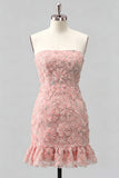 Light Blue Strapless Bodycon Beaded Short Homecoming Dress with 3D Flowers