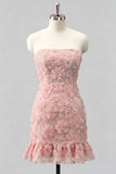 Light Blue Strapless Bodycon Beaded Short Homecoming Dress with 3D Flowers