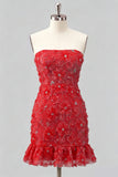 Light Blue Strapless Bodycon Beaded Short Homecoming Dress with 3D Flowers
