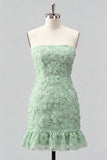 Light Blue Strapless Bodycon Beaded Short Homecoming Dress with 3D Flowers