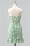 Light Blue Strapless Bodycon Beaded Short Homecoming Dress with 3D Flowers