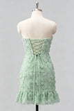 Light Blue Strapless Bodycon Beaded Short Homecoming Dress with 3D Flowers