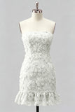 Light Blue Strapless Bodycon Beaded Short Homecoming Dress with 3D Flowers