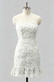 Light Blue Strapless Bodycon Beaded Short Homecoming Dress with 3D Flowers