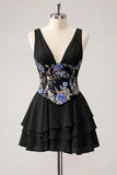 Pink Floral Appliqued V Neck Tiered A Line Homecoming Dress