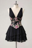 Pink Floral Appliqued V Neck Tiered A Line Homecoming Dress