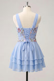 Pink Floral Appliqued V Neck Tiered A Line Homecoming Dress
