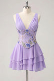 Pink Floral Appliqued V Neck Tiered A Line Homecoming Dress
