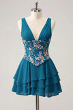 Pink Floral Appliqued V Neck Tiered A Line Homecoming Dress
