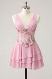 Pink Floral Appliqued V Neck Tiered A Line Homecoming Dress