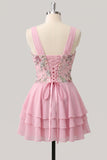 Pink Floral Appliqued V Neck Tiered A Line Homecoming Dress
