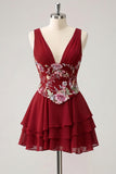 Pink Floral Appliqued V Neck Tiered A Line Homecoming Dress