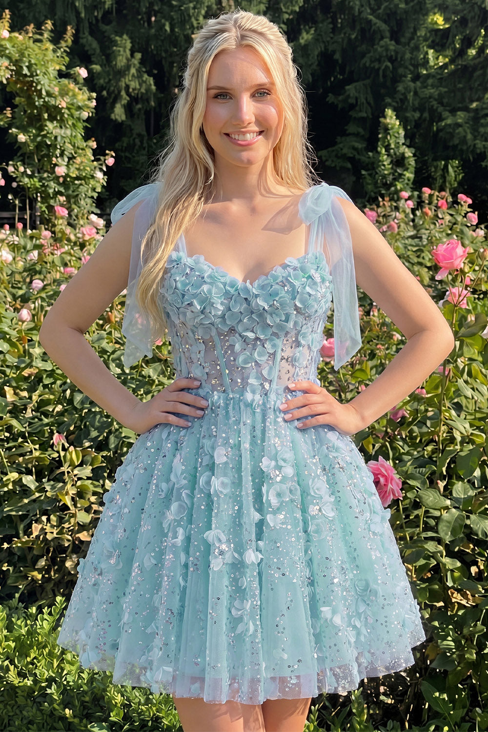 WEDTREND Women Ice Blue Homecoming Dress with 3D Flowers Sequin A Line Corset Short Prom Dress with Lace Up Back, Ice Blue / US18W
