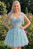 Lilac Sequin A Line Corset Short Homecoming Dress with 3D Flowers