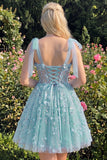 Lilac Sequin A Line Corset Short Homecoming Dress with 3D Flowers