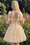 Lilac Sequin A Line Corset Short Homecoming Dress with 3D Flowers