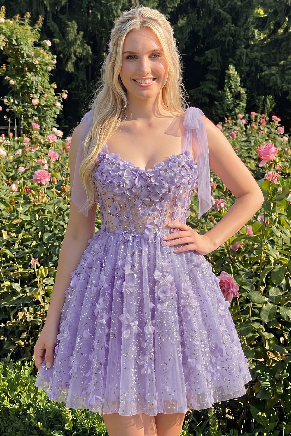 WEDTREND Women Ice Blue Homecoming Dress with 3D Flowers Sequin A Line Corset Short Prom Dress with Lace Up Back, Lilac / US16W