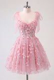 Lilac Sequin A Line Corset Short Homecoming Dress with 3D Flowers