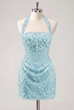 Halter Light Yellow Bodycon Corset Sequin Homecoming Dress