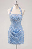 Halter Light Yellow Bodycon Corset Sequin Homecoming Dress