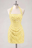 Halter Light Yellow Bodycon Corset Sequin Homecoming Dress