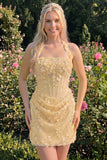 Halter Light Yellow Bodycon Corset Sequin Homecoming Dress