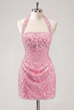 Halter Light Yellow Bodycon Corset Sequin Homecoming Dress