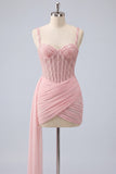 Pink Bodycon Ruched Beaded Corset Homecoming Dress with Sash