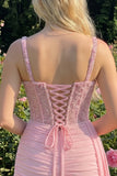 Pink Bodycon Ruched Beaded Corset Homecoming Dress with Sash