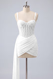 Pink Bodycon Ruched Beaded Corset Homecoming Dress with Sash