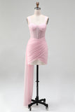 Pink Bodycon Ruched Beaded Corset Homecoming Dress with Sash