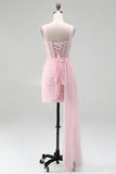 Pink Bodycon Ruched Beaded Corset Homecoming Dress with Sash