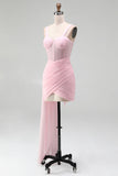Pink Bodycon Ruched Beaded Corset Homecoming Dress with Sash