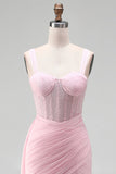 Pink Bodycon Ruched Beaded Corset Homecoming Dress with Sash