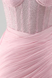 Pink Bodycon Ruched Beaded Corset Homecoming Dress with Sash