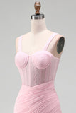 Pink Bodycon Ruched Beaded Corset Homecoming Dress with Sash