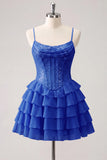 Champagne A Line Sequin Tiered Ruffle Short Homecoming Dress
