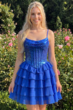 Champagne A Line Sequin Tiered Ruffle Short Homecoming Dress