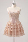 Champagne A Line Sequin Tiered Ruffle Short Homecoming Dress