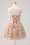 Champagne A Line Sequin Tiered Ruffle Short Homecoming Dress