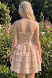 Champagne A Line Sequin Tiered Ruffle Short Homecoming Dress