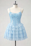 Champagne A Line Sequin Tiered Ruffle Short Homecoming Dress