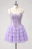 Champagne A Line Sequin Tiered Ruffle Short Homecoming Dress